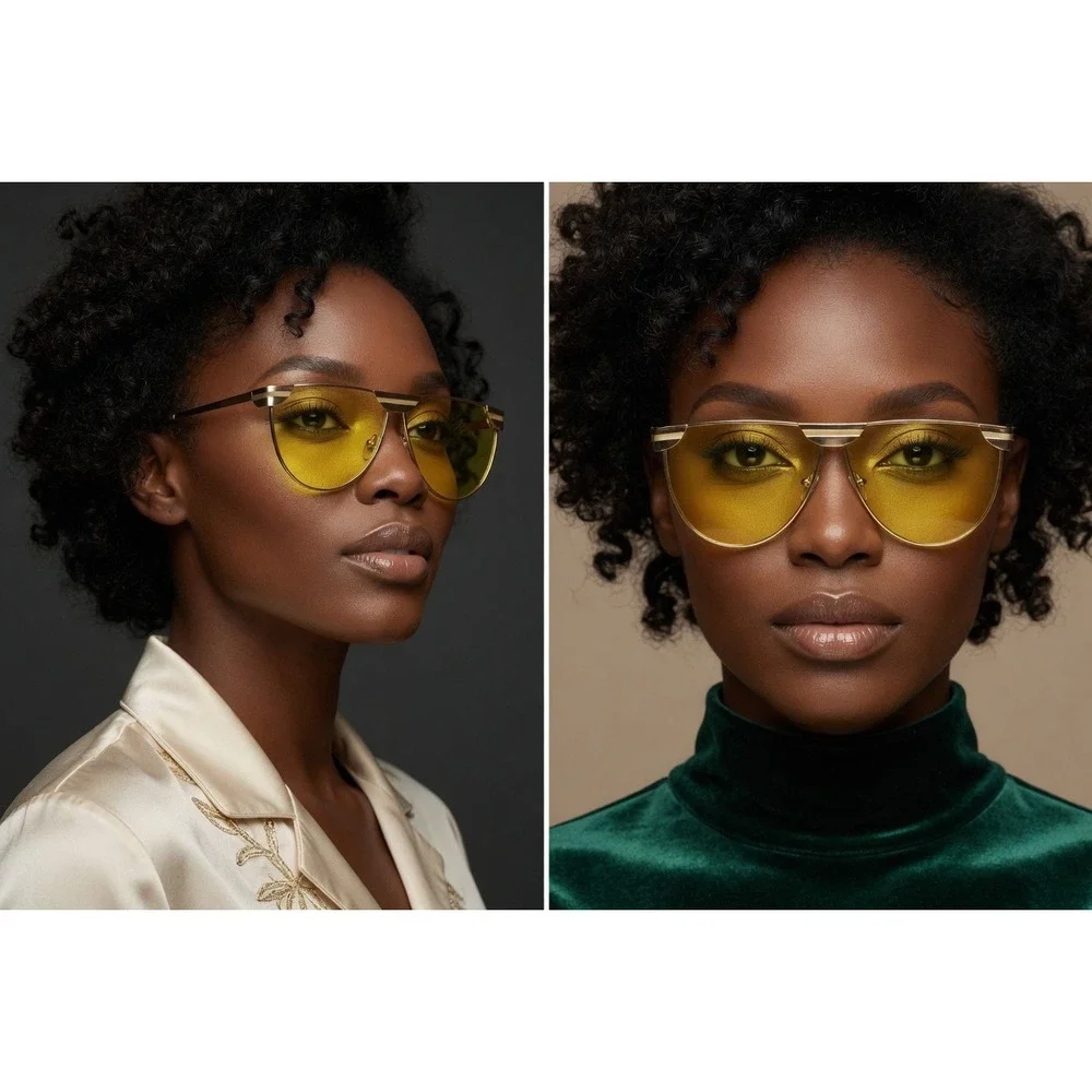 Gold Sunglasses Yellow Tinted Lens Flat Top Metal Frame Fashion Eyewear Female